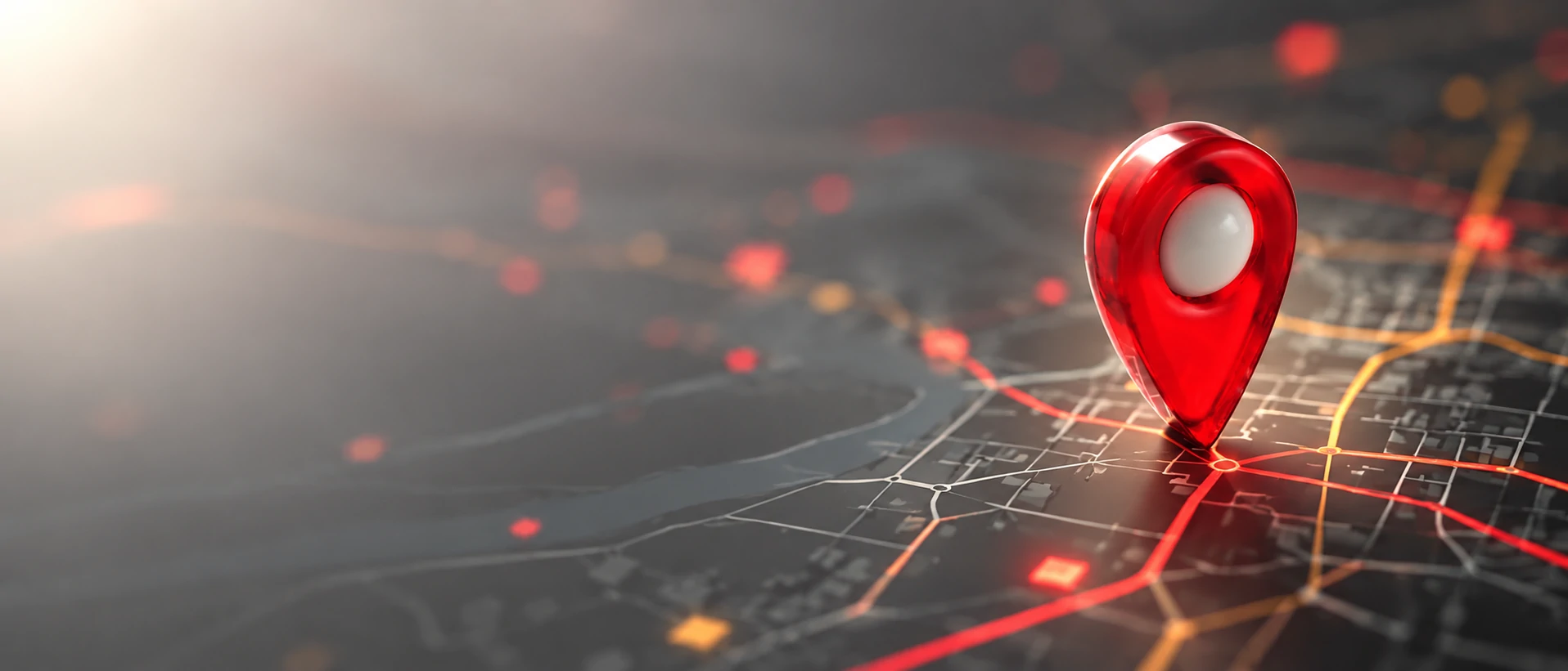 Glossy red location pin on a glowing city map representing KFP solar energy locations across the Middle East